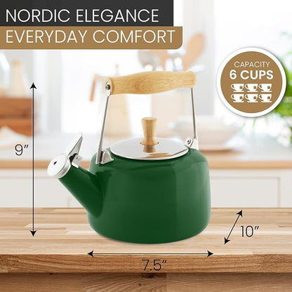 Chantal SVEN Enamel on Steel Whistling Teakettle with Natural Wood handle, 1.4 quarts (Forest Green)