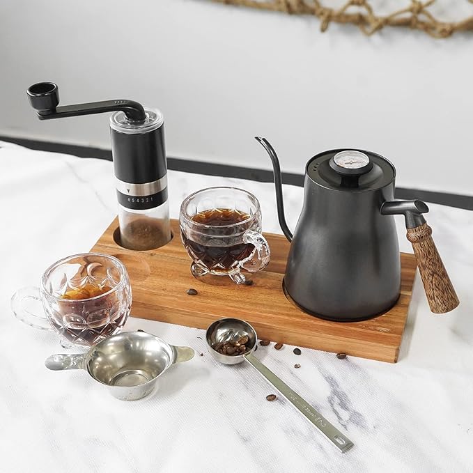 SOTECH Pour Over Coffee Maker Set Chinese Tea Set Wooden Storage Tray Coffee Dripper Glass Server Coffee Scoop DIY Manual Pour Over Kit Black(Portable Natural Jute Bag Set)