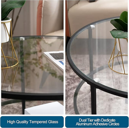 VINGLI 25.6" Round Black Coffee Tables for Living Room, 2-Tier Glass Top Coffee Table with Storage Clear Coffee, Simple & Modern Center Table for Small Space