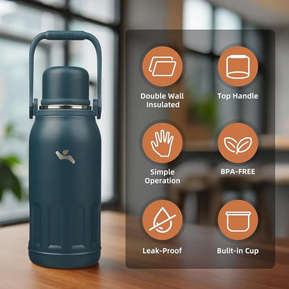 Insulated Water Bottle with Handle and Strap,Vacuum Travel Tumbler with Cup Lid,Thermo Coffee Cup for Hot Cold Drinks 40 OZ,Navy Blue