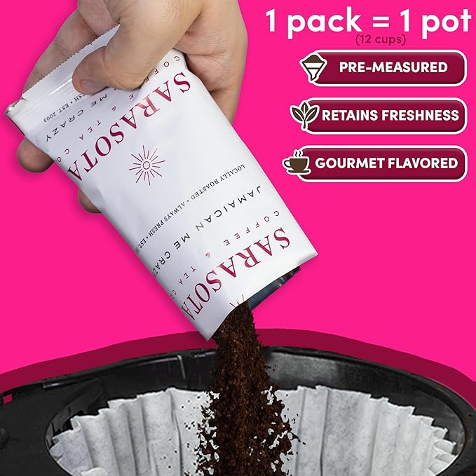 Coffee Packets – Jamaican Me Crazy Flavor | Medium Roast 1.5oz Pre-Measured Packs for 12-Cup Drip Makers | Low Acid Mold-Free Ground | 42 Pouches – Sarasota