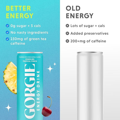 GORGIE Sugar Free Natural Energy Drinks, Sparkling Paradise Punch (12 Pack) - Healthy Energy Drinks - Natural Coffee Replacement with Green Tea Caffeine and Biotin - 150mg Caffeine, Vegan, Low Calorie