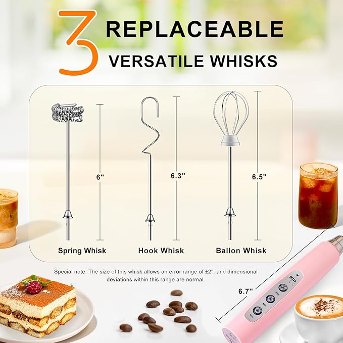 YUSWKO Pink Milk Frother Handheld with 3 Heads, Coffee Whisk Drink Foam Mixer with USB Rechargeable 3 Speeds, Electric Hand Frother for Latte, Cappuccino, Hot Chocolate, Egg