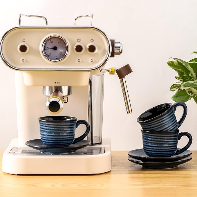 Ceramic Espresso Cups with Saucers 5 Oz,Set of 4 Cappuccino Mug with Handle for Coffee,Tea,Latte and Macchiato,Porcelain Demitasse Cups Set for Kitchen and Cafe,Navy Blue