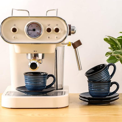 Ceramic Espresso Cups with Saucers 5 Oz,Set of 4 Cappuccino Mug with Handle for Coffee,Tea,Latte and Macchiato,Porcelain Demitasse Cups Set for Kitchen and Cafe,Navy Blue