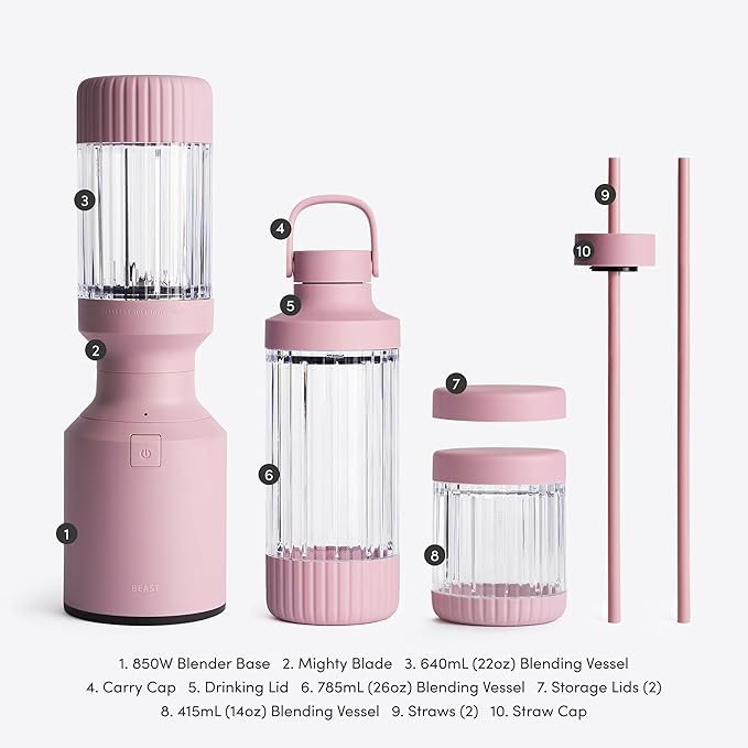 Beast Mighty 850 Plus | Premium Compact Personal Blender | Smoothies, Shakes, Dressings, Sauces | Blends Ice and Frozen Fruit | New XL Vessel | Extra Vessels, Lids and Straws | 850W (Lilac)