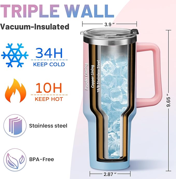 40 oz Tumbler with Handle, Straw and Spout 2-in-1 Lid, Spill Proof Travel Coffee Drink Mug, Stainless Steel Insulated thermal Cup Keep Cold-34H, Water Bottle with Straw Tips& Silicone Boot