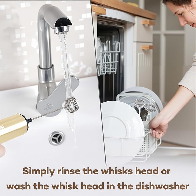 Rechargeable Milk Frother Handheld Electric Frother Wand Milk Foamer Drink Mixer for Coffee, Lattes, Cappuccino, and Egg, Stainless Steel for Travel-Beige