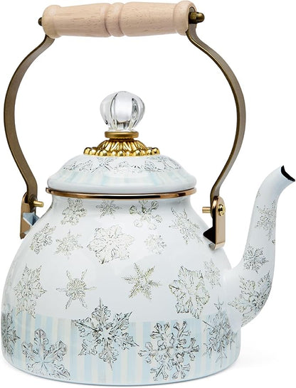 MACKENZIE-CHILDS 2-Quart Enamel Tea Kettle, Cute Tea Kettle for Stovetop, Winter Palace