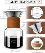 Load image into Gallery viewer, Pour Over Coffee Maker with Double-Layer Stainless Steel Filter, 20 oz Pour Over Coffee Dripper, Glass Carafe with Vintage Leather Collar and Cork Lid &amp; Filter Stand for Espresso