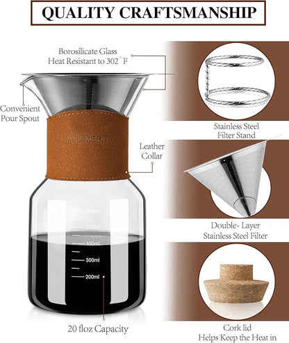 Pour Over Coffee Maker with Double-Layer Stainless Steel Filter, 20 oz Pour Over Coffee Dripper, Glass Carafe with Vintage Leather Collar and Cork Lid & Filter Stand for Espresso