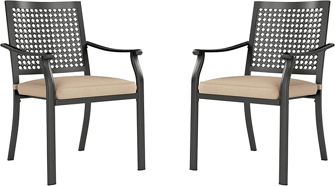 PHI VILLA Outdoor Metal Dining Chairs Set of 2, Black Wrought Iron Stackable Chairs with Cushions, Heavy-Duty Seating Furniture for Patio, Deck, Yard, Porch