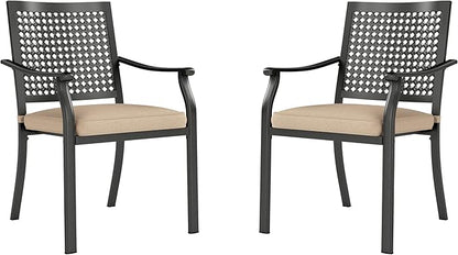 PHI VILLA Outdoor Metal Dining Chairs Set of 2, Black Wrought Iron Stackable Chairs with Cushions, Heavy-Duty Seating Furniture for Patio, Deck, Yard, Porch