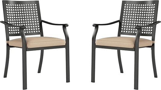 PHI VILLA Outdoor Metal Dining Chairs Set of 2, Black Wrought Iron Stackable Chairs with Cushions, Heavy-Duty Seating Furniture for Patio, Deck, Yard, Porch