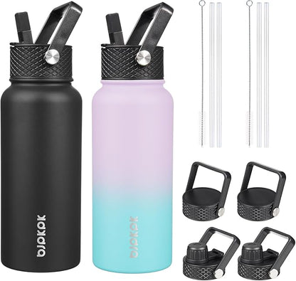 BJPKPK 2 Pack Insulated Water Bottles with Straw Lids, 32oz Stainless Steel Metal Water Bottle with 6 Lids, Leak Proof BPA Free Jugs, Cups, Flasks for Travel, Sports (Lavender Green+Black)