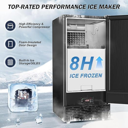 15" Wide Commercial Under Counter Ice Maker – 120 lbs/Day, 25 lb Storage Bin, Auto-Cleaning & 24H Timer, Gravity Drain, Built-in or Freestanding Stainless Steel Ice Machine for Home & Business