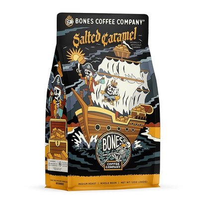 Bones Coffee Company Salted Caramel Flavored Coffee, Medium Roast Low Acid Arabica Beans Compatible with Auto drip and French Press Coffee Maker, 12 Oz Whole Bean