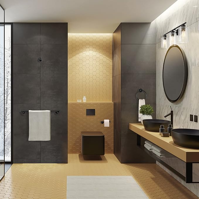 Globe Electric 51851 Bristol 5-Piece All-in-One Bathroom Set, Matte Black, 3-Light Vanity Light with Seeded Glass Shades, Towel Bar, Towel Ring, Robe Hook, Toilet Paper Holder