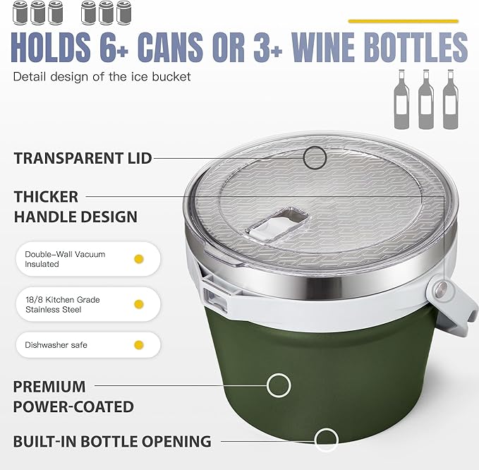 COKTIK 7L Vacuum Insulated Ice Bucket with Lid and Scoop& Tongs，Large capacity Stainless Steel Beverage Bucket for Cocktail, Champagne, Wine, Beer，Large Parties（Army Green Suit）