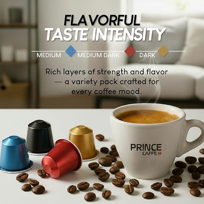 Prince Caffe Espresso Pods Variety Pack Compatible with Nespresso Original Line Machines – Espresso, Ristretto, Millennium & Premium – Intensity7, 8, 9, 10, 40 Count (4 x 10 Capsules)