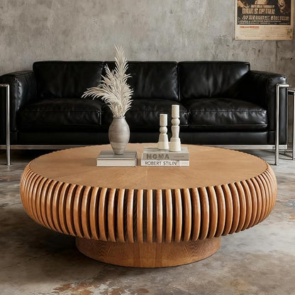 Round Coffee Table 39.3" Modern Brown Fluted Coffee Table Low Round Drum Pedestal Coffee Tables for Living Room Farmhouse (Brown 39.3 inch)