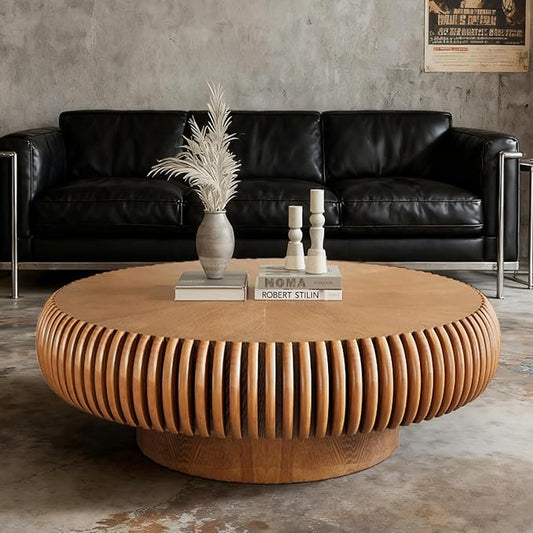 Round Coffee Table 39.3" Modern Brown Fluted Coffee Table Low Round Drum Pedestal Coffee Tables for Living Room Farmhouse (Brown 39.3 inch)