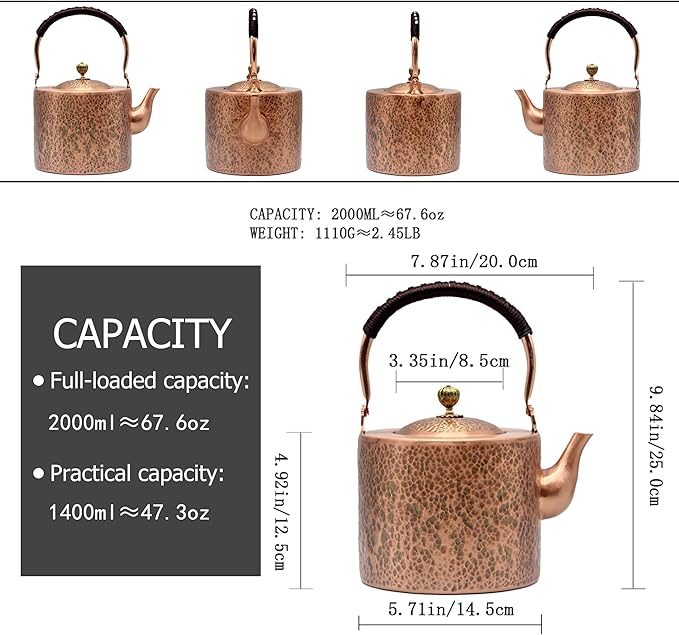 67.6oz Copper Teapot, Tea Kettle For Stovetop Safe, Classic Non-Coating Pure Copper Tea Set with Stainless Steel Tea Ball For Loose Leaf, Large and Solid Tea Pot For 4-6 Cups (2000ml)