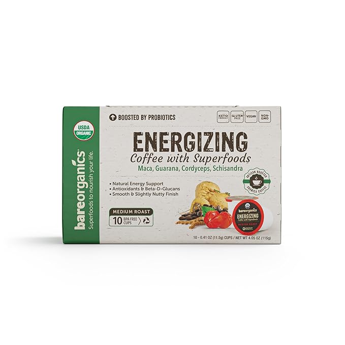 Energizing Organic Coffee Pods – Medium Roast with Superfoods & Probiotics – Infused with Maca, Guarana, Cordyceps Mushroom Extract, Schisandra – Vegan, Gluten-Free - 10 Recyclable Single Serve K-Cups - 6 Pack