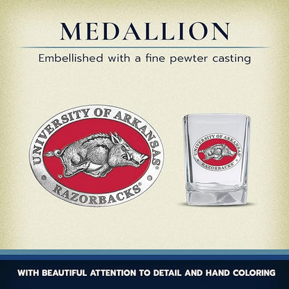 Heritage Pewter University of Arkansas Square Shot Glass | Hand-Sculpted 1.5 Ounce Shot Glass | Intricately Crafted Metal Pewter Alma Mater Inlay
