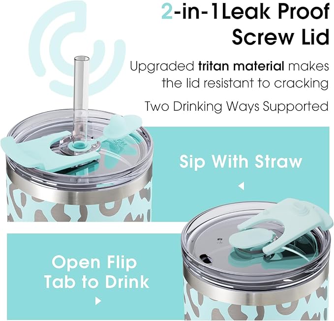 COKTIK 40 oz Tumbler With Handle and Straw Lid, Vacuum Insulated Travel Coffee Mug Stainless Steel Insulated Cup for Beverages, Leak-proof, Cupholder Friendly (Seafoam Leopard)