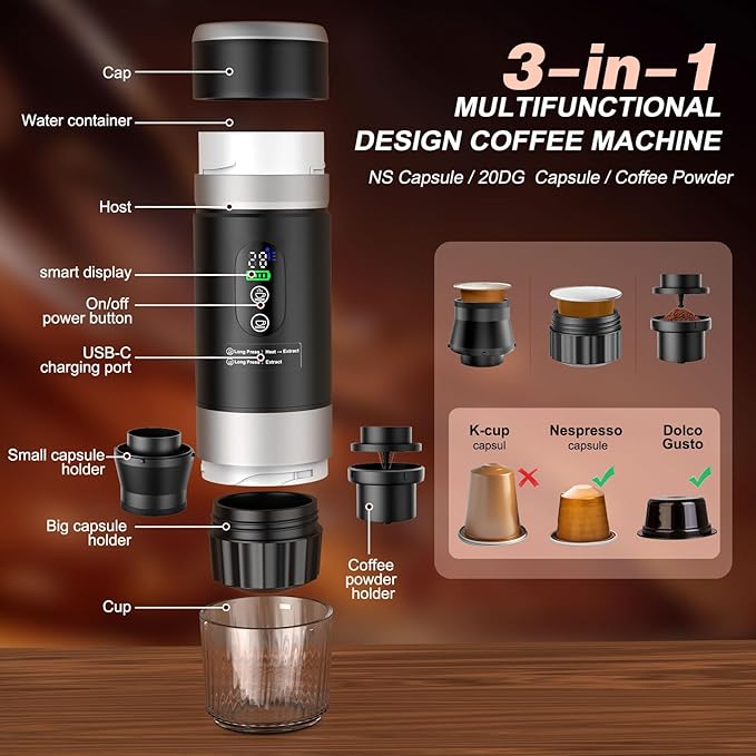 Portable Espresso Machine with Removeable Battery, 20 bar Mini Travel Coffee maker, Expresso Coffee Maker with USB-C,3-in-1 Car Coffee Maker Self-Heating, Ground Coffee & Capsule(Ns&DG)