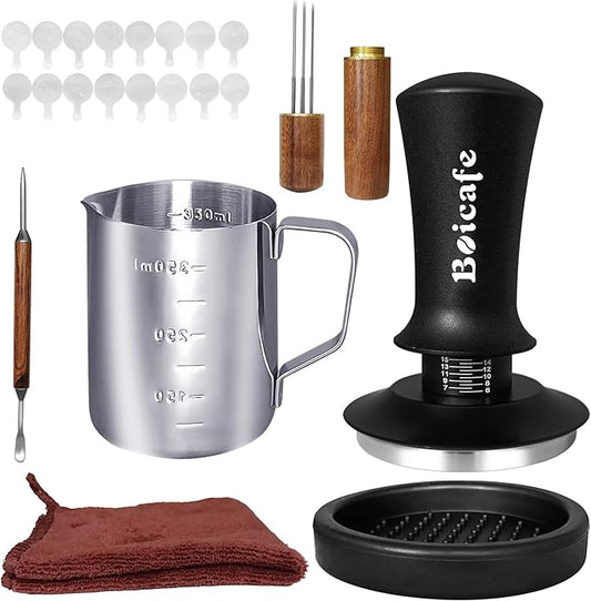 22 PCS Espresso Accessories Kit, 58mm Spring Loaded Calibrated Espresso Coffee Tamper Set with Tamper Mat, WDT Tool, Latte Art Kit, Frothing Pitcher and Towel for Coffee Making (58mm)