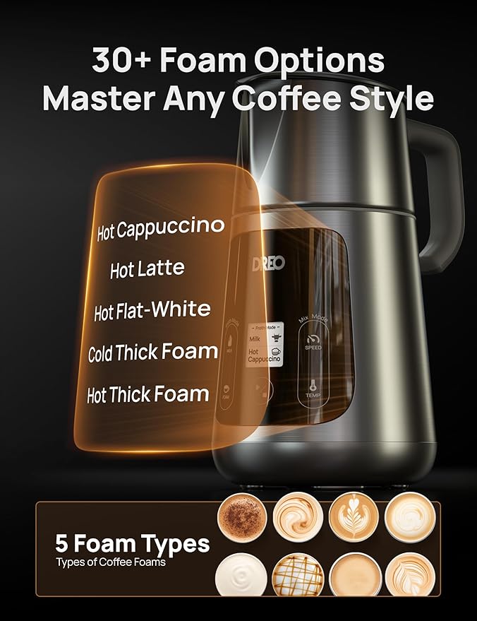 Dreo Milk Frother [Upgraded], All-in-1 Electric Foam Maker for Coffee, 15oz/450ml Automatic Foam Frother for Latte Art-level Microfoam, 30+ Drinks, Dishwasher Safe, Easy to Clean, LED display
