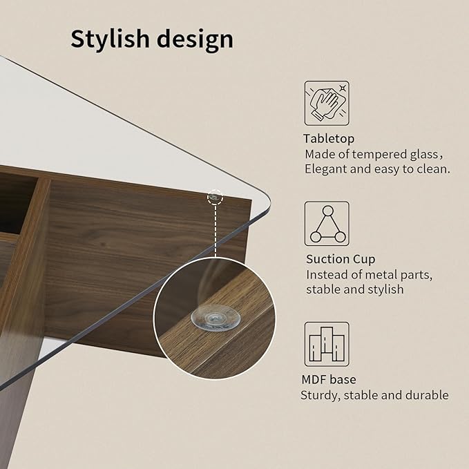 31.5" Glass Coffee Table, MDF Mid-Century Modern Square Coffee Table with Tempered Glass Top, Square Center Tables for Small Space Living Room Office Apartment, Walnut