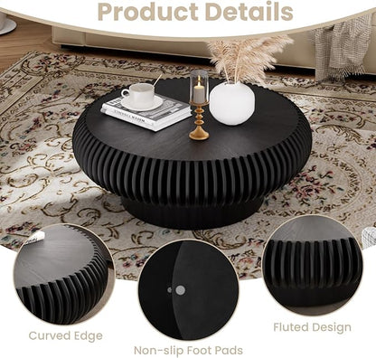 Round Fluted Coffee Table Modern Handcraft Drum Coffee Table with Sturdy Pedestal 31.5" Farmhouse Center Table Tea Table for Living Room, Reception Room, Entertainment Room (Black 31.5 inch)