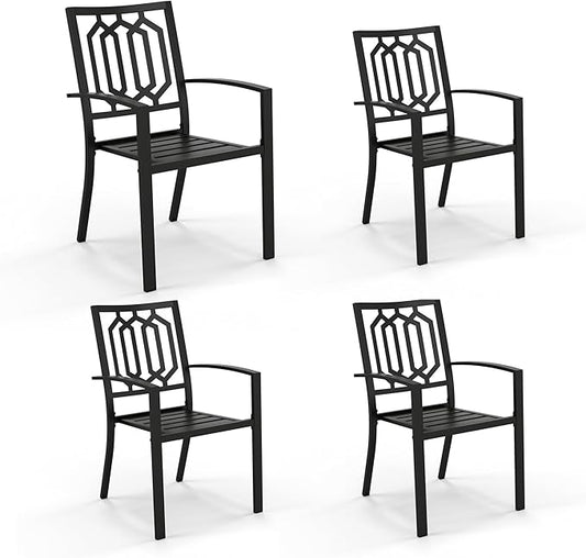 PHI VILLA Set of 4 Stackable Wrought Iron Patio Dining Chairs, Portable Black Outdoor Bistro Deck Metal Chairs, Support 300 lbs, Ideal for Garden, Backyard, Lawn