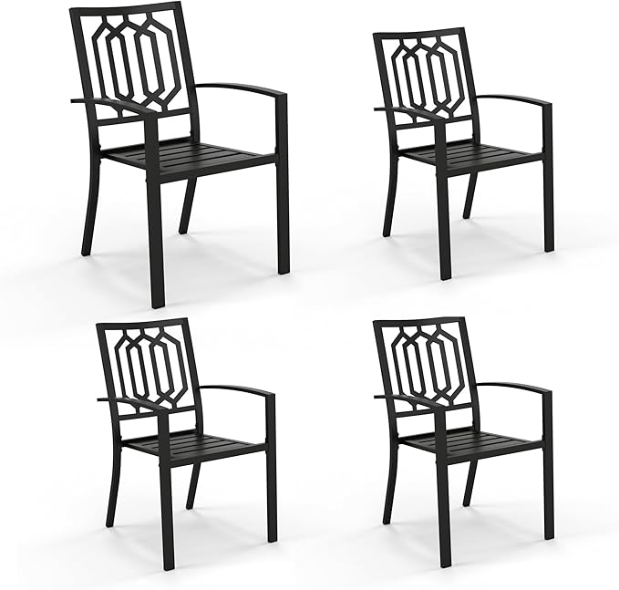 PHI VILLA Set of 4 Stackable Wrought Iron Patio Dining Chairs, Portable Black Outdoor Bistro Deck Metal Chairs, Support 300 lbs, Ideal for Garden, Backyard, Lawn