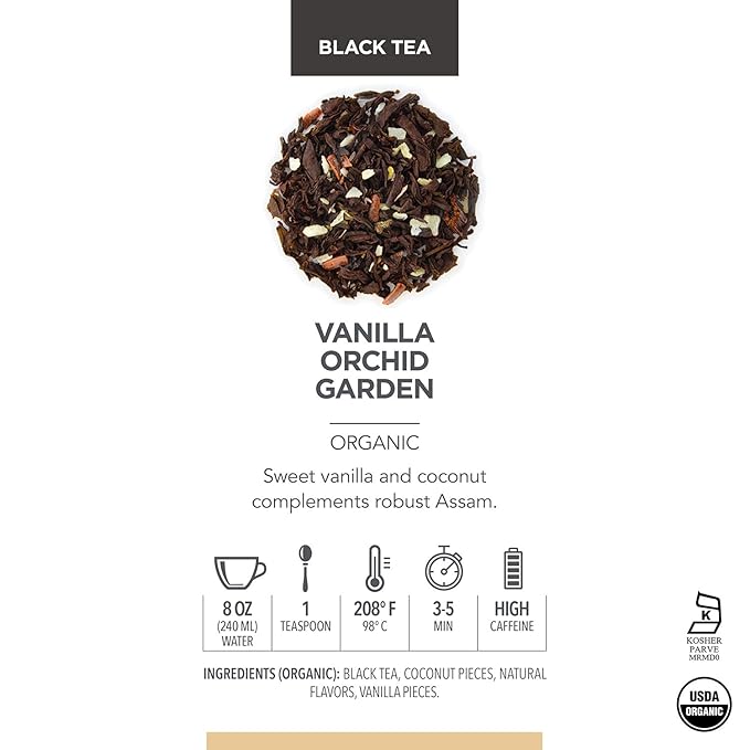 Teabloom Organic Black Tea, Vanilla Orchid Garden Loose Leaf Tea, USDA Certified Organic and Kosher Certified, 2.80 Ounce Canister Makes 35-50 Cups