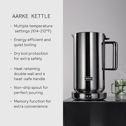 aarke Stainless Steel Kettle - Perfect for Coffee and Tea Maker Enthusiasts, Non-Drip Spout, Double-Wall Construction, Dry Boil Protection, Heat-Safe Handle, LED Cool-Down Indicator, 1.2L (Steel)