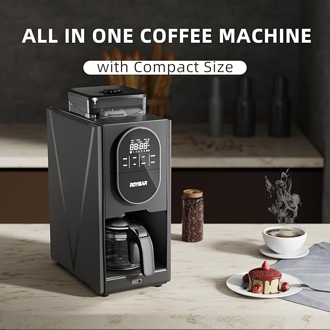 Coffee Maker with Grinder, Programmable Hot and Cold Coffee Maker with 22 oz Glass Carafe, Adjustable Fully Automatic grind and brew Coffee Machine with Timer, Black Americano Iced Coffee Machine