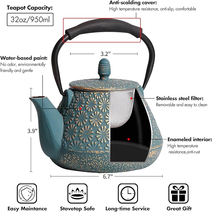 Cast Iron Teapot, 32oz Tea Kettle with Infuser for Stove Top, Sakura Blossom Pattern Japanese Tea Pot for Tea & Coffee Coated with Enameled Interior, Silicone Handle 950ml Blue