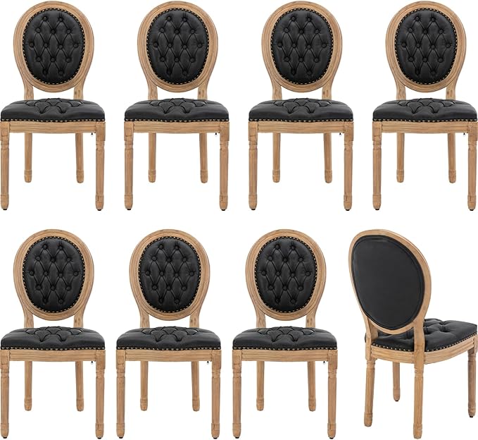Vintage French Country Dining Room Chairs Set of 8, PU Leather Dining Chairs with Solid Wood Legs, Black Upholstered Dining Chair, Sillas para Comedor, Kitchen & Dining Room Chair (Black, PU, 8Pcs)