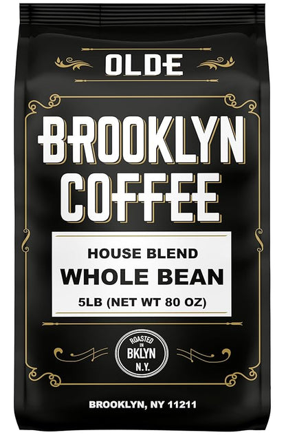 BROOKLYN COFFEE Whole Bean, House Blend Medium Roast (5lb) Balanced, Breakfast, Classic - Fresh Bulk Coffee Beans Roasted Weekly in NYC