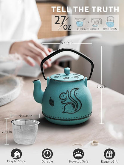 Toptier Teapot with Removable Infuser, Cast Iron Tea Kettle Stovetop Safe, Squirrel Design Tea Pot Coated with Enameled Interior for 32 Ounce (950 ml), Blue