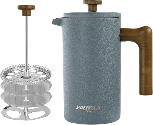 POLIVIAR French Press Coffee Maker, 34 Ounce Coffee Press with Real Wood Handle, Double Wall Insulation & Dual-Filter Screen, Food Grade Stainless Steel for Good Coffee and Tea JX2023-FPLU