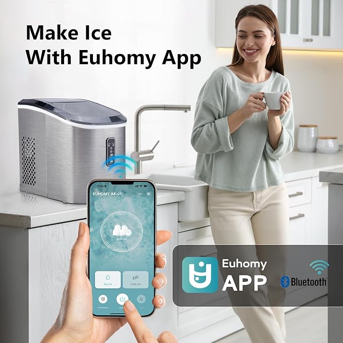 EUHOMY Smart Ice Makers Countertop -26lbs in 24 Hours, 9 Cubes Ready in 8Mins, Self-Cleaning Countertop Ice Maker, Portable Ice Maker with Ice Scoop and Basket, Perfect for Home/Kitchen/Office(Sliver