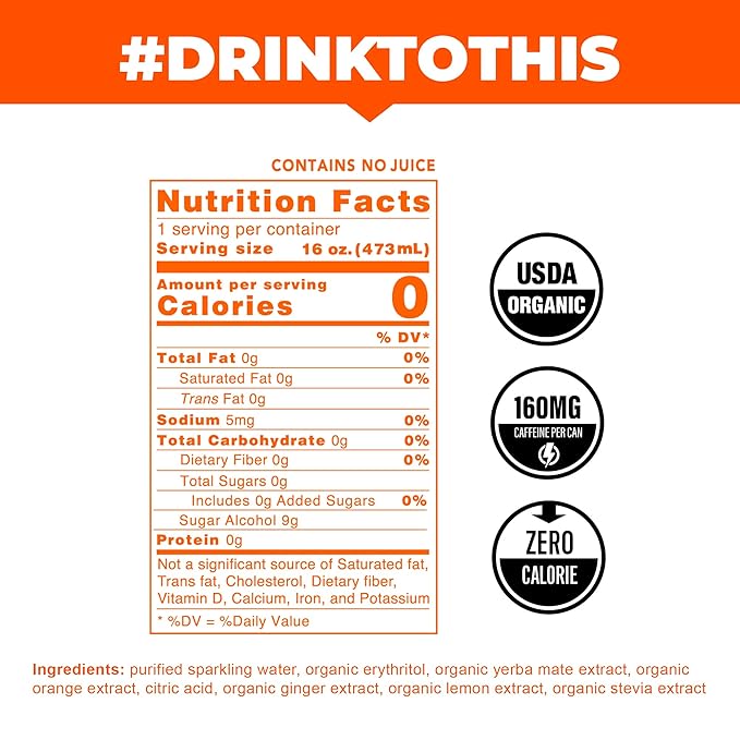 CLEAN Cause Zero Sugar Orange Ginger Yerba Mate Tea Sparkling, USDA Organic Energy Drink Alternative, Zero Calorie, 160mg Natural Caffeine, Soda Alternative, Plant-Based (16oz cans, 12-Pack Case)