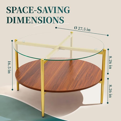 Round Glass and Wood Coffee Tables for Living Room, Mid Century Center Table with Clear Glass Top, Solid Brown Storage Shelf and Sturable Gold Legs for Small Space, Office, Department
