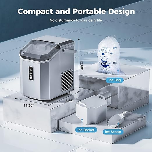AGLUCKY Nugget Ice Maker Countertop, Portable Crushed Ice Maker Machine with Handle, 35lbs/24H, One-Click Operation, Self Cleaning Ice Machine for Home/Kitchen/Office(Grey)