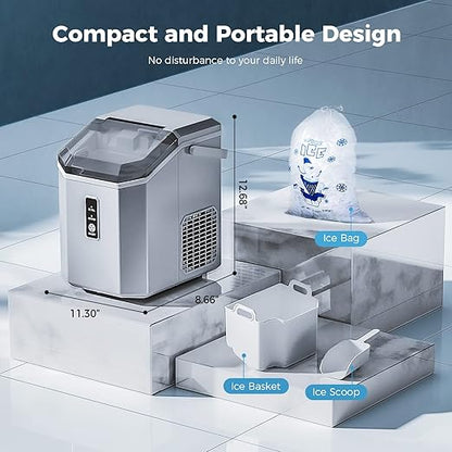 AGLUCKY Nugget Ice Maker Countertop, Portable Crushed Ice Maker Machine with Handle, 35lbs/24H, One-Click Operation, Self Cleaning Ice Machine for Home/Kitchen/Office(Grey)
